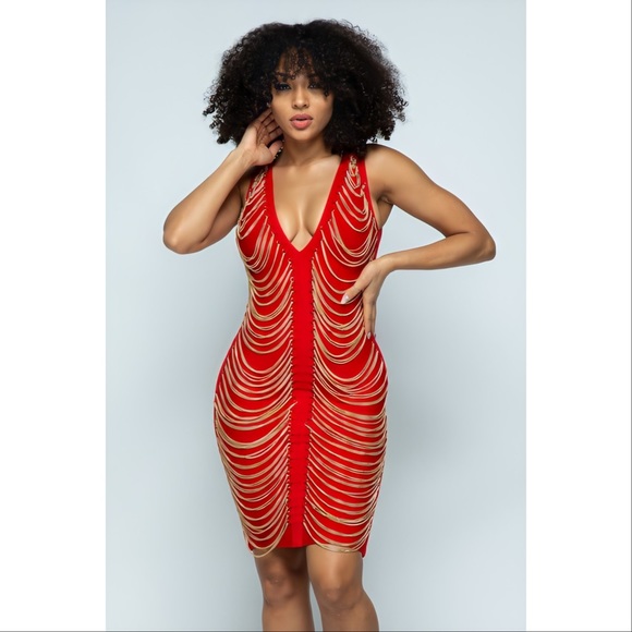 - Chain Detailed V-neck Bandage Dress - Picture 5 of 7